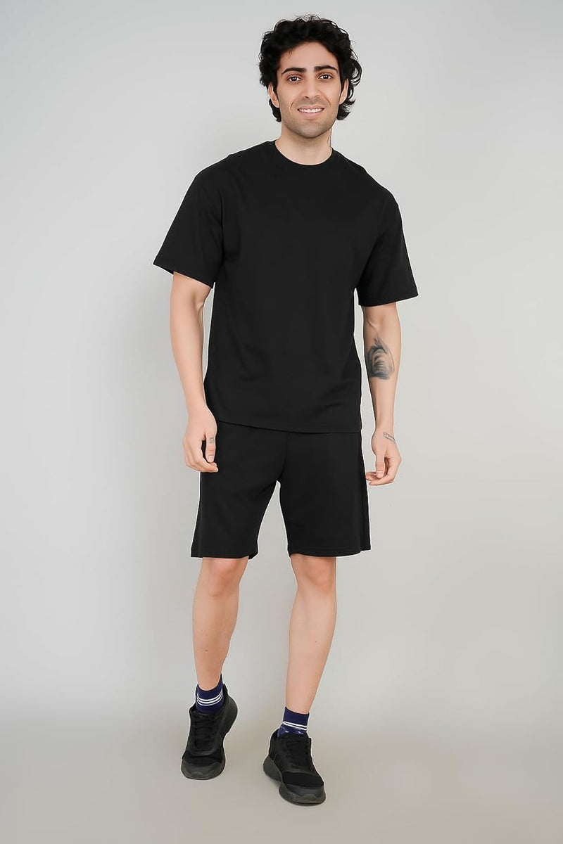 Solid Black Men's 100% Pure Cotton Co Ord Set