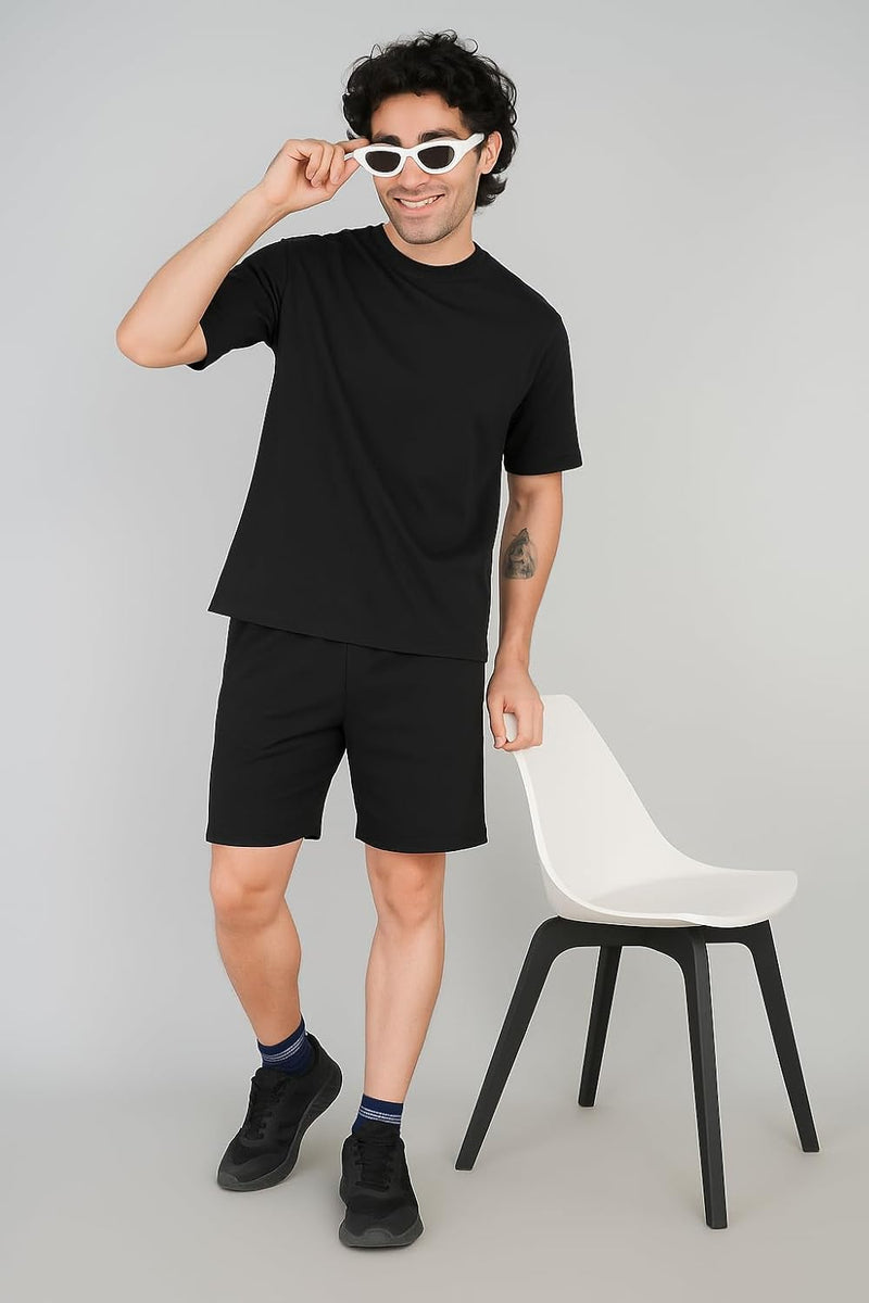 Solid Black Men's 100% Pure Cotton Co Ord Set