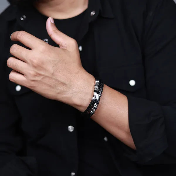 BLACLT Dual Braided Black Leather Bracelet with Steel Accent