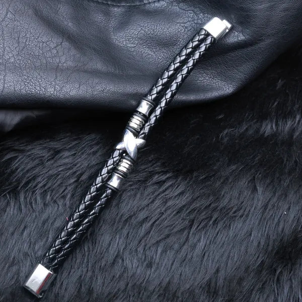 BLACLT Dual Braided Black Leather Bracelet with Steel Accent