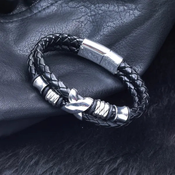 BLACLT Dual Braided Black Leather Bracelet with Steel Accent