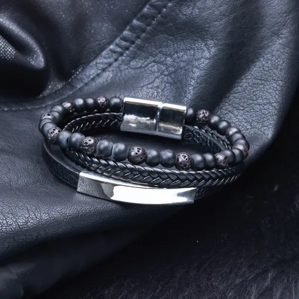 BLACLT Leather & Lava Stone Bracelet with Steel Accent