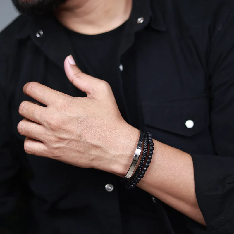 BLACLT Leather & Lava Stone Bracelet with Steel Accent