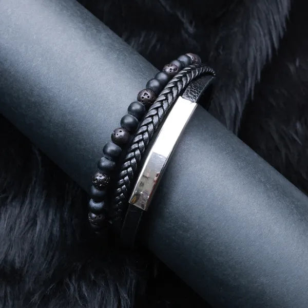 BLACLT Leather & Lava Stone Bracelet with Steel Accent