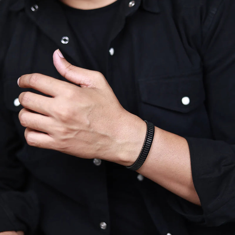 BLACLT Ribbed Black Steel Stretchable Kada Bracelet