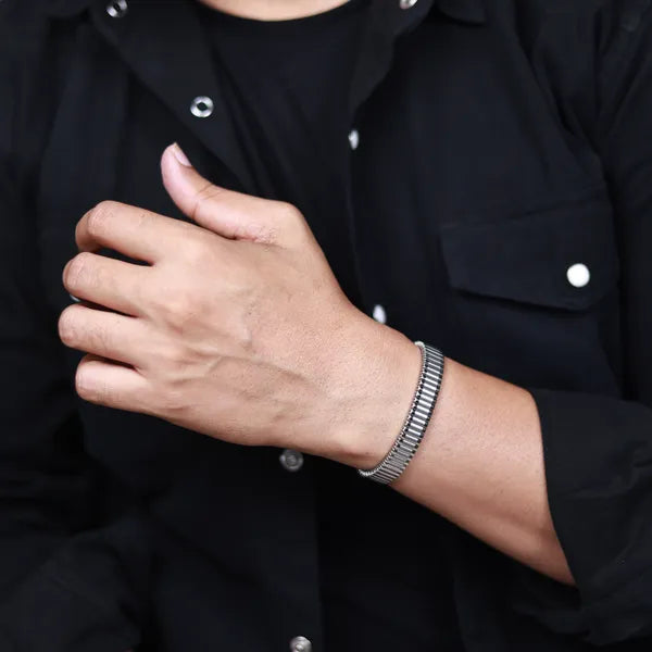 BLACLT Ribbed Silver Steel Stretchable Kada Bracelet