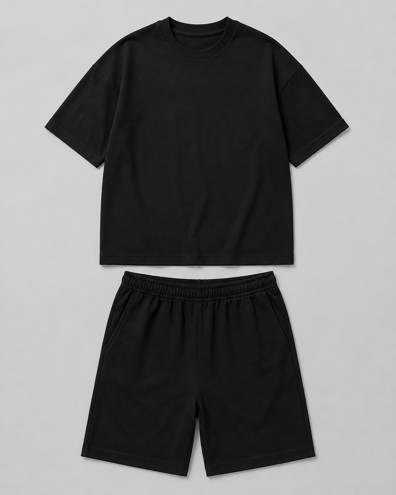 Solid Black Men's 100% Pure Cotton 240GSM Co Ord Set