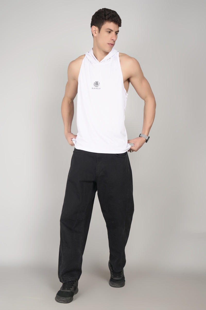 Blacklit Strength - White - Hooded Racer Back Sleeveless Tank