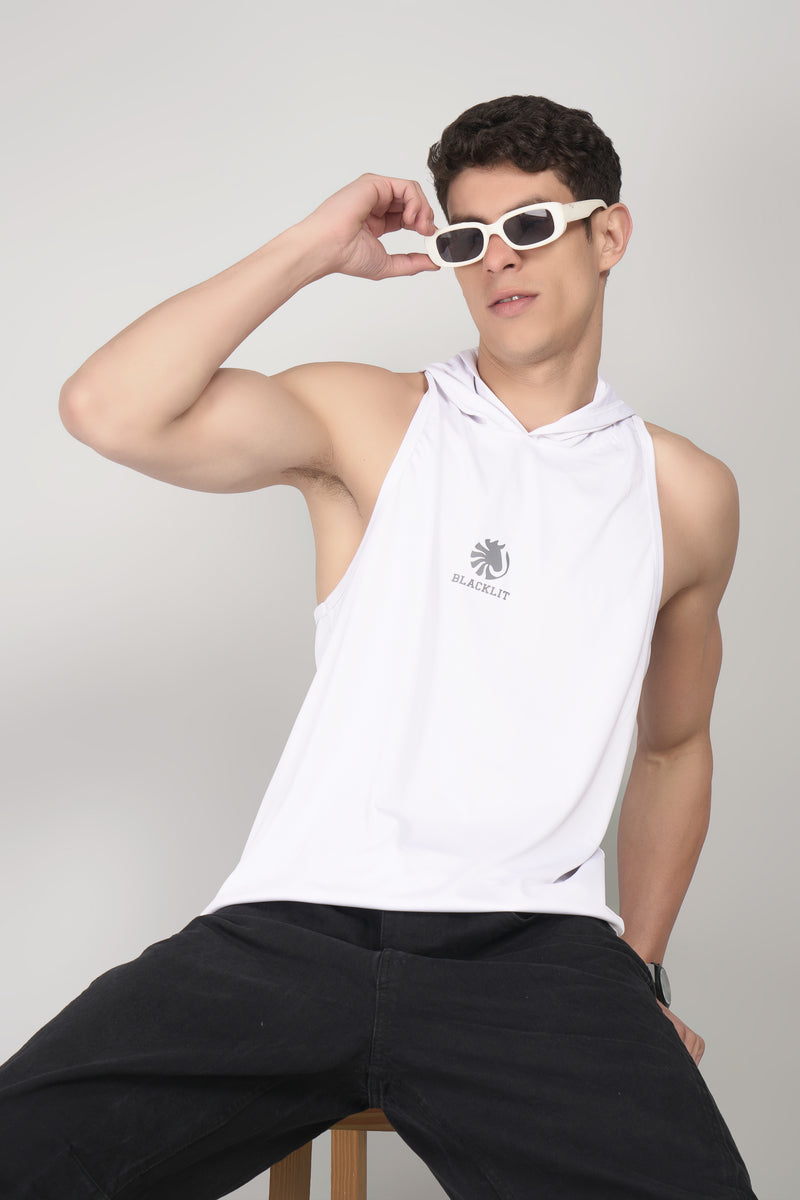 Blacklit Strength - White - Hooded Racer Back Sleeveless Tank